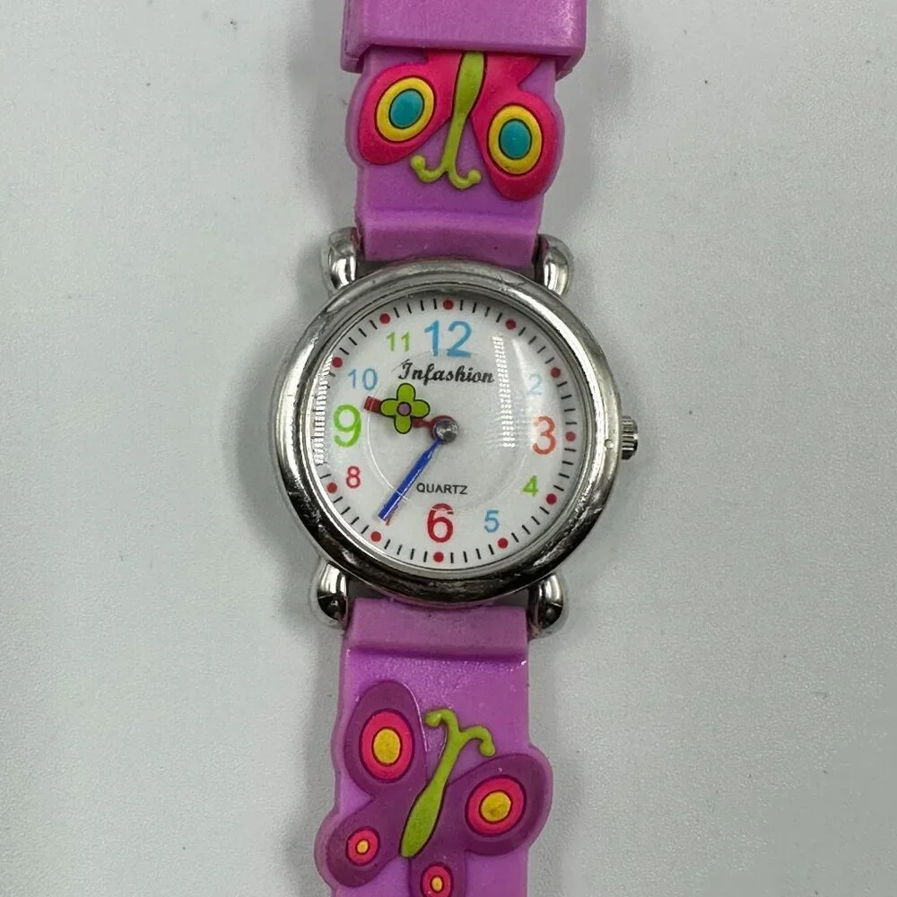 3/$30 Butterfly Watch Girls Silver Tone White Dial Purple Silicone Watch